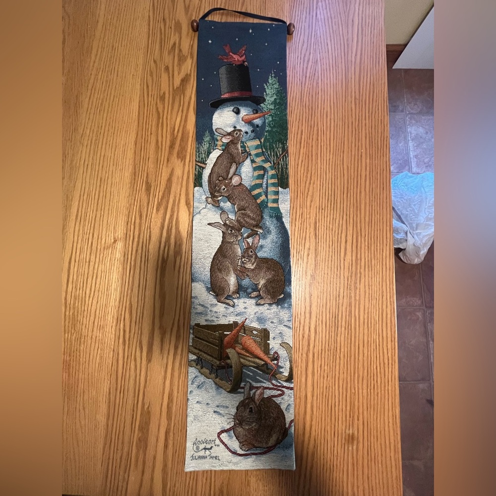 Vintage Julianna James  Bell Pull Tapestry Snowman, Bunnies and Cardinal